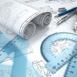 Technical drawings with protractor, set square, compass and pencils